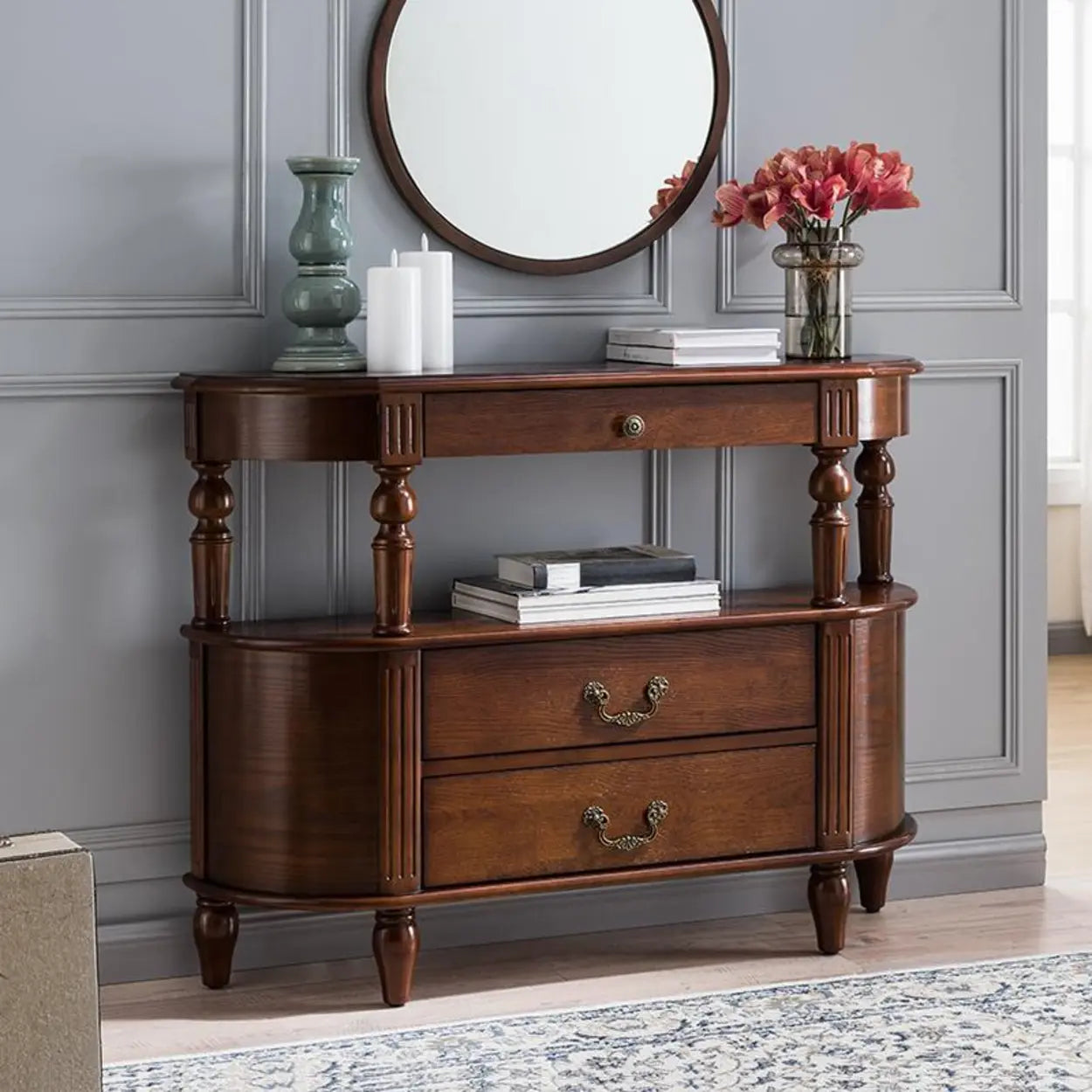 Rustic Curved Mahogany Storage Console Table — Nut-Brown