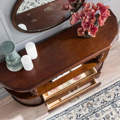 Rustic Curved Mahogany Storage Console Table — Nut-Brown