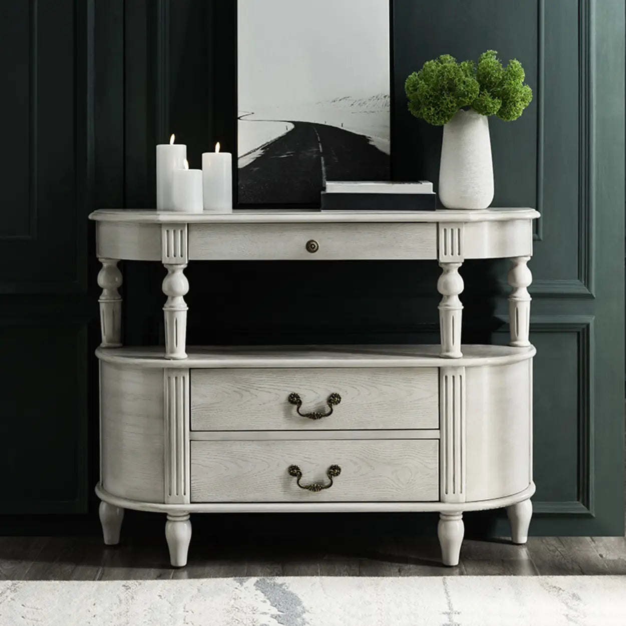 Rustic Curved Mahogany Storage Console Table — Grey