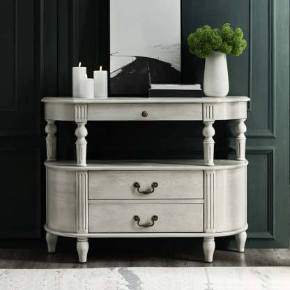 Rustic Curved Mahogany Storage Console Table — Grey