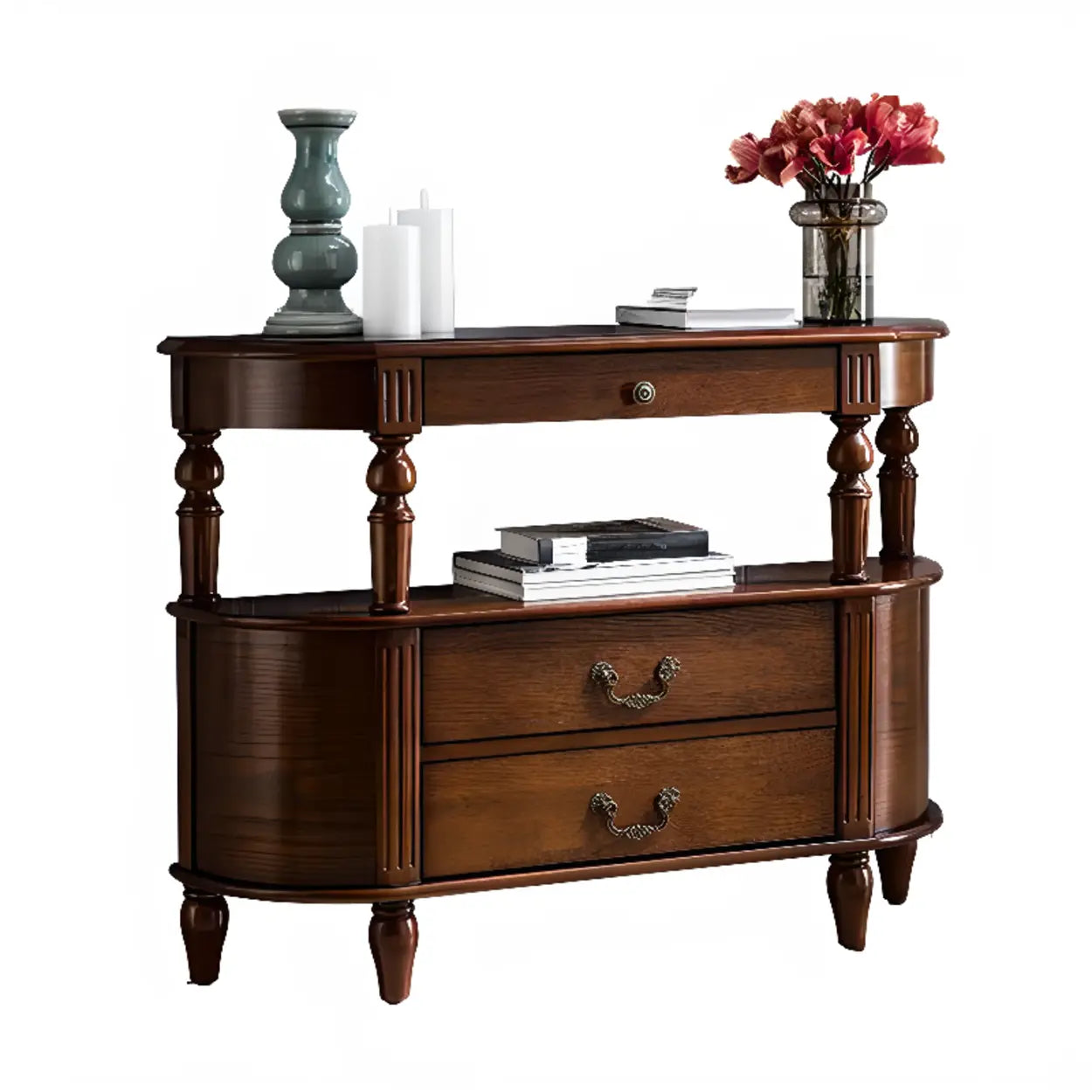Rustic Curved Mahogany Storage Console Table — Grey