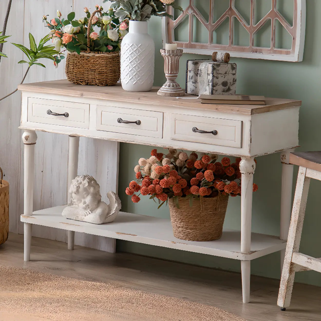 Rustic Demilune Wood Console Table with Drawers