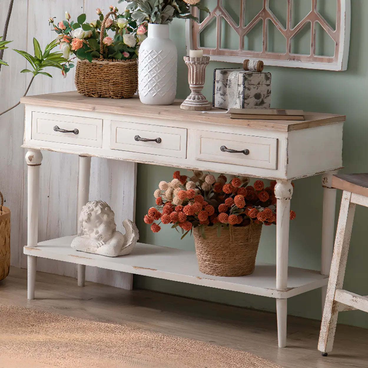 Rustic Demilune Wood Console Table with Drawers