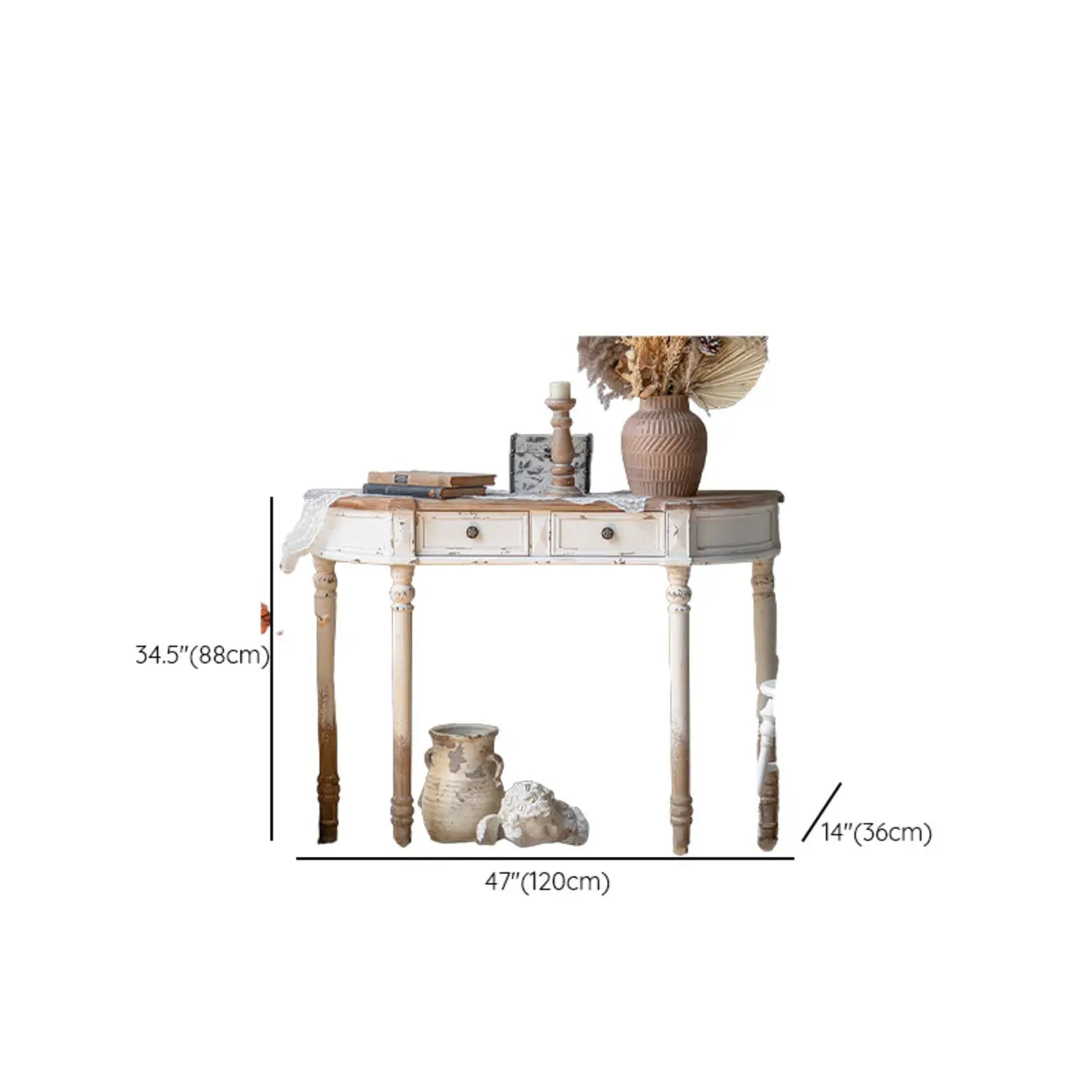 Rustic Demilune Wood Console Table with Drawers