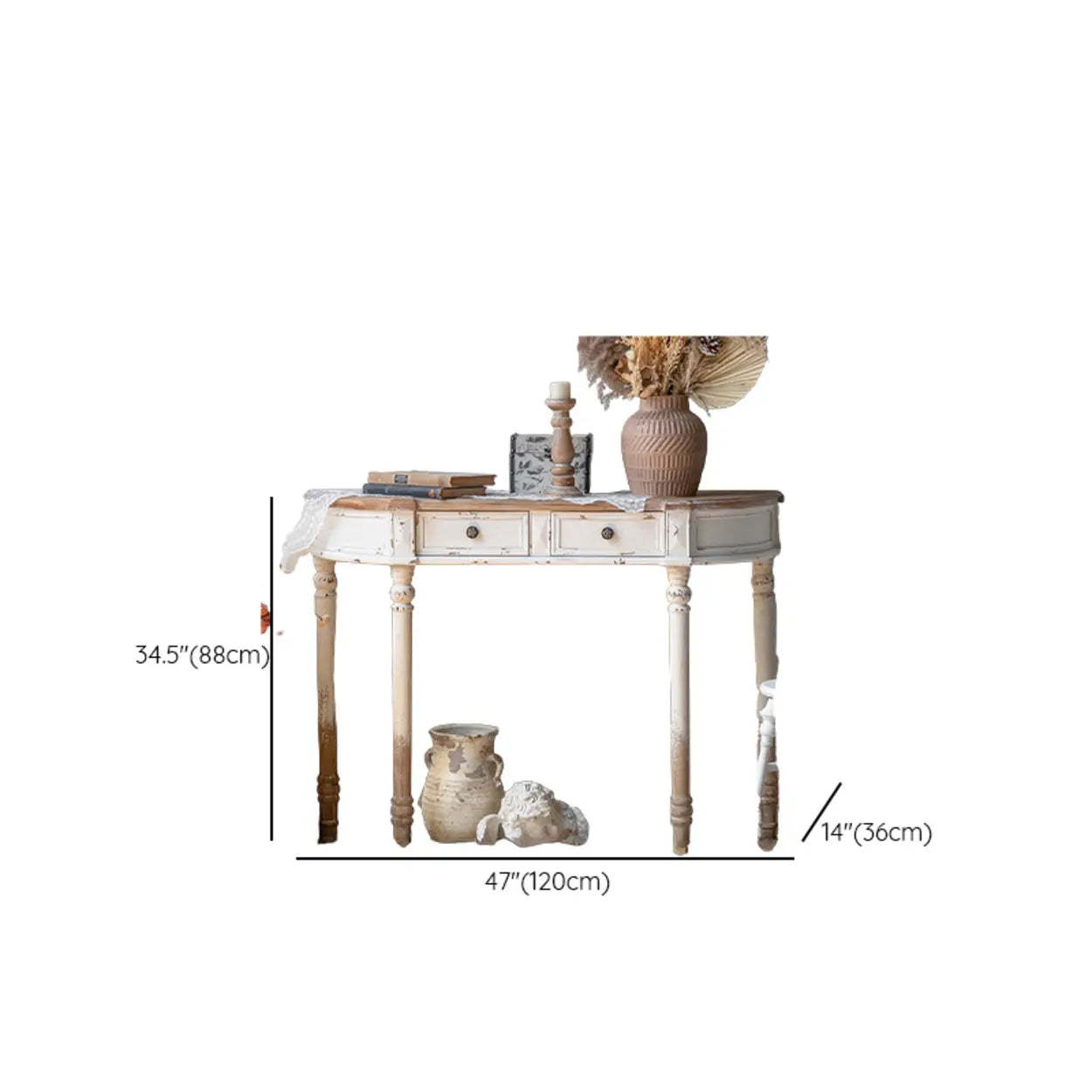 Rustic Demilune Wood Console Table with Drawers