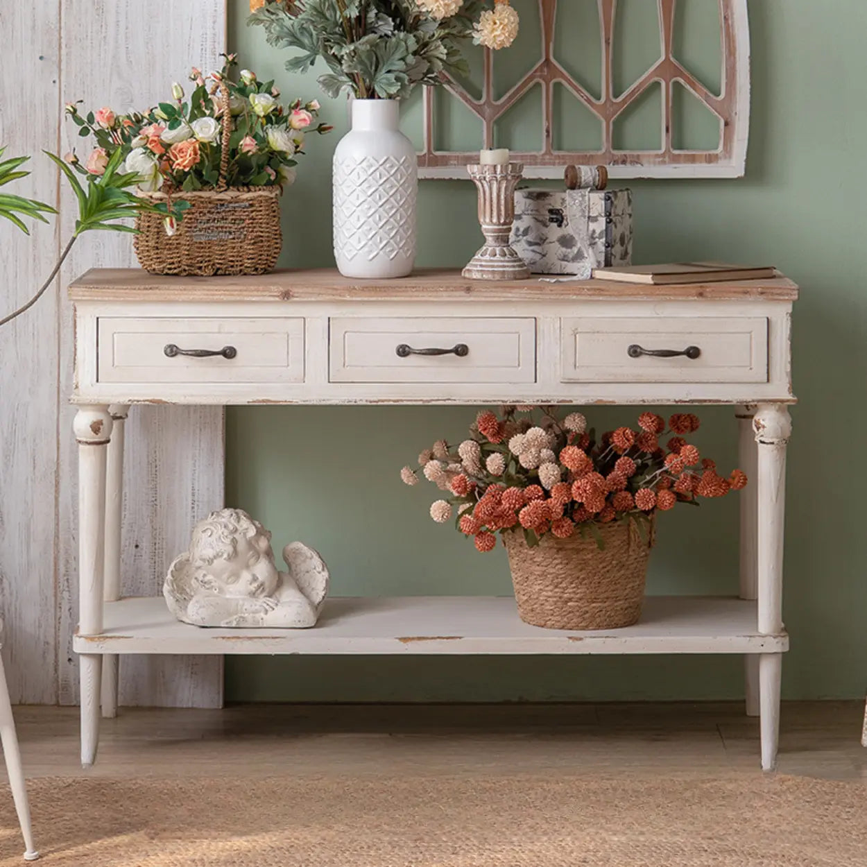 Rustic Demilune Wood Console Table with Drawers