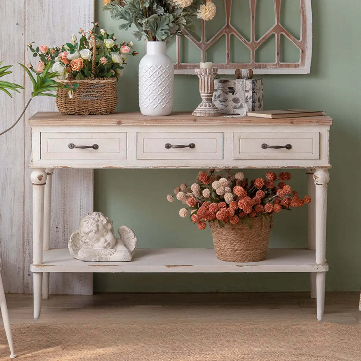Rustic demilune rust wood end & side tables — 47.2" L x 14.2" W x 34.6" H