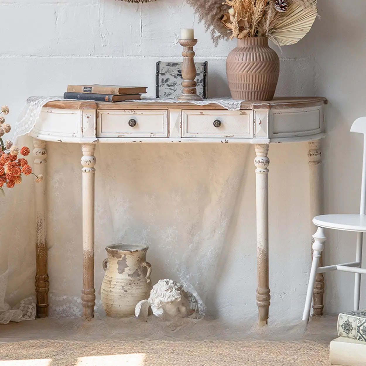 Rustic Demilune Wood Console Table with Drawers