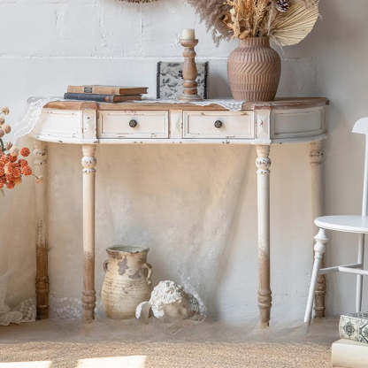 Rustic Demilune Wood Console Table with Drawers