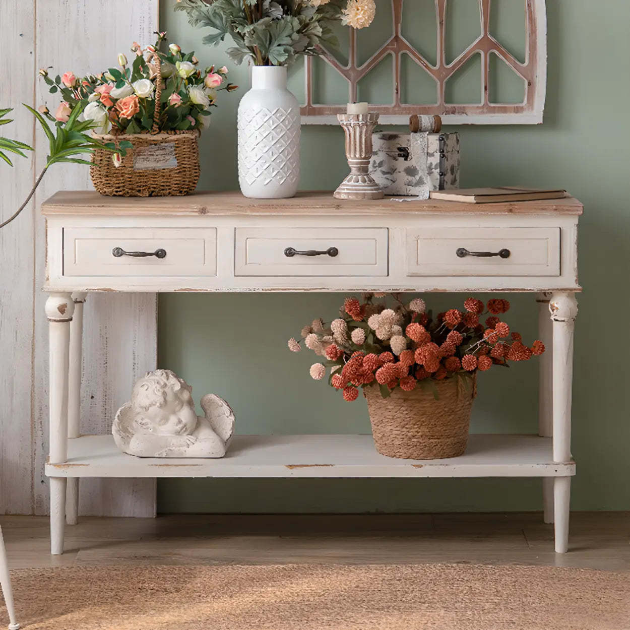 Rustic Demilune Wood Console Table with Drawers