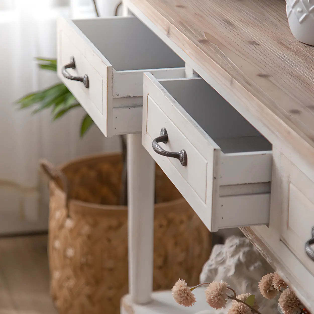 Rustic Demilune Wood Console Table with Drawers
