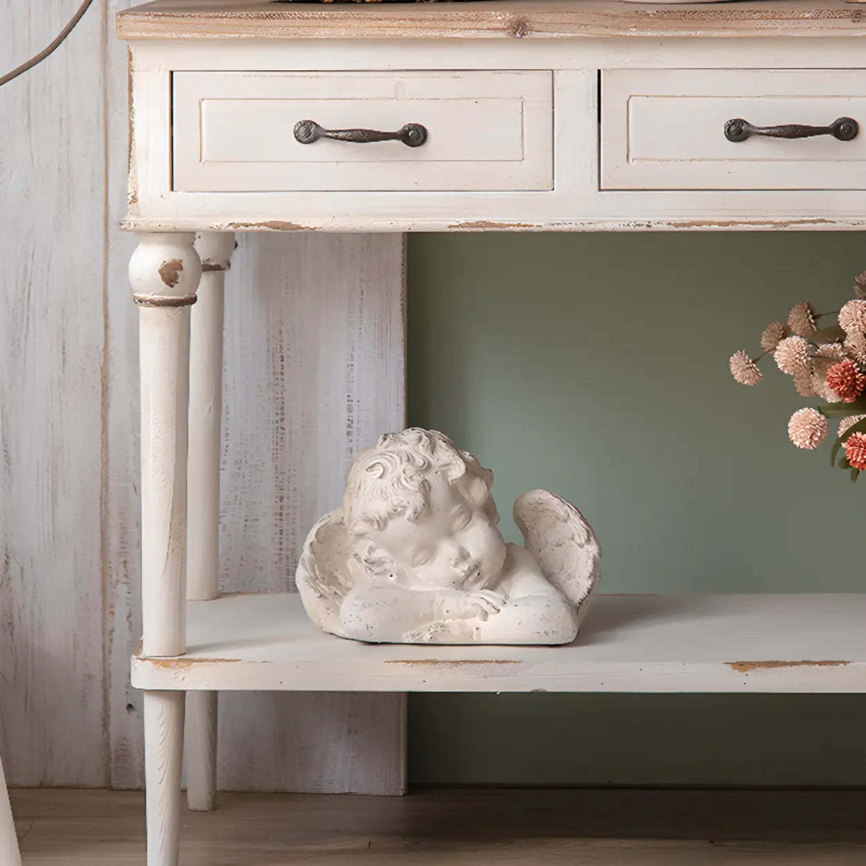 Rustic Demilune Wood Console Table with Drawers