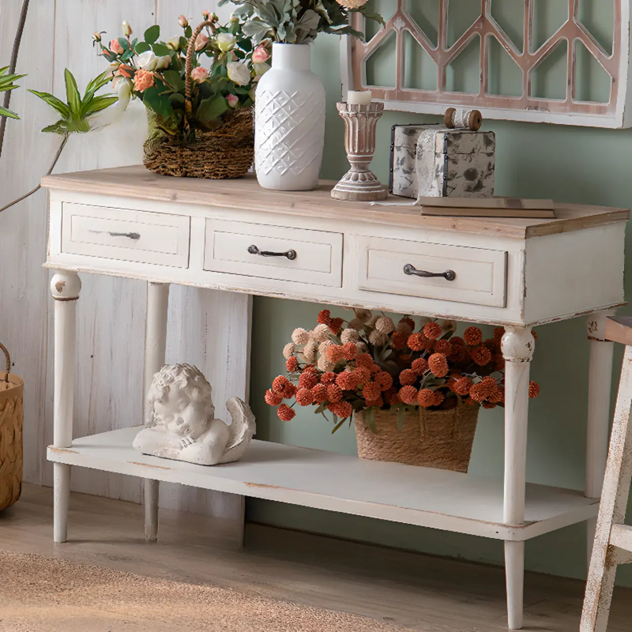 Rustic Demilune Wood Console Table with Drawers