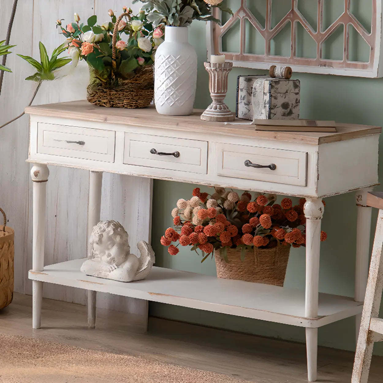 Rustic Demilune Wood Console Table with Drawers