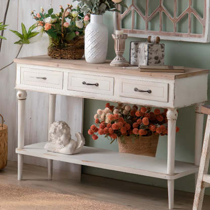Rustic Demilune Wood Console Table with Drawers