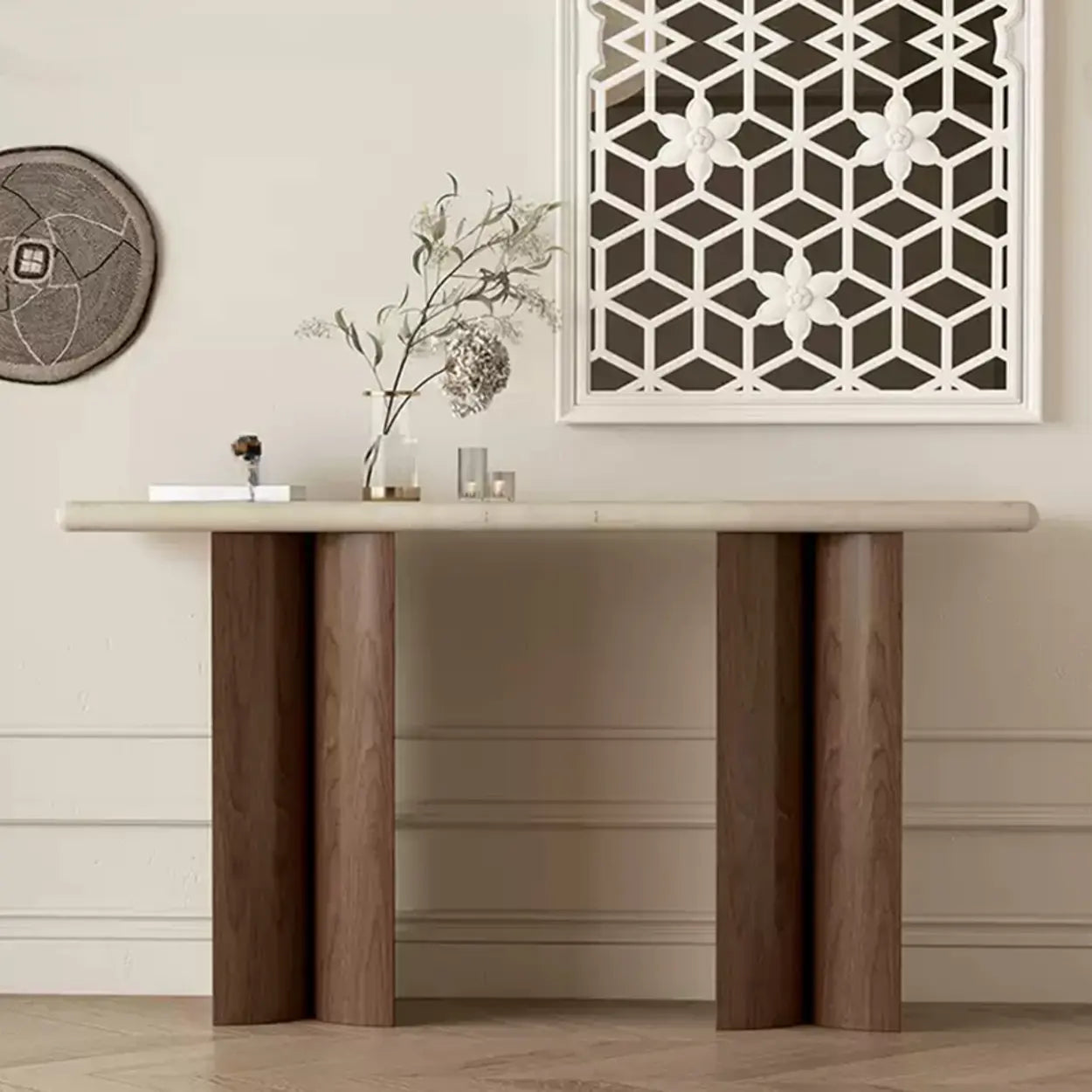 Modern pedestal stone-top wood end & side tables — 39" L x 16" W x 33" H