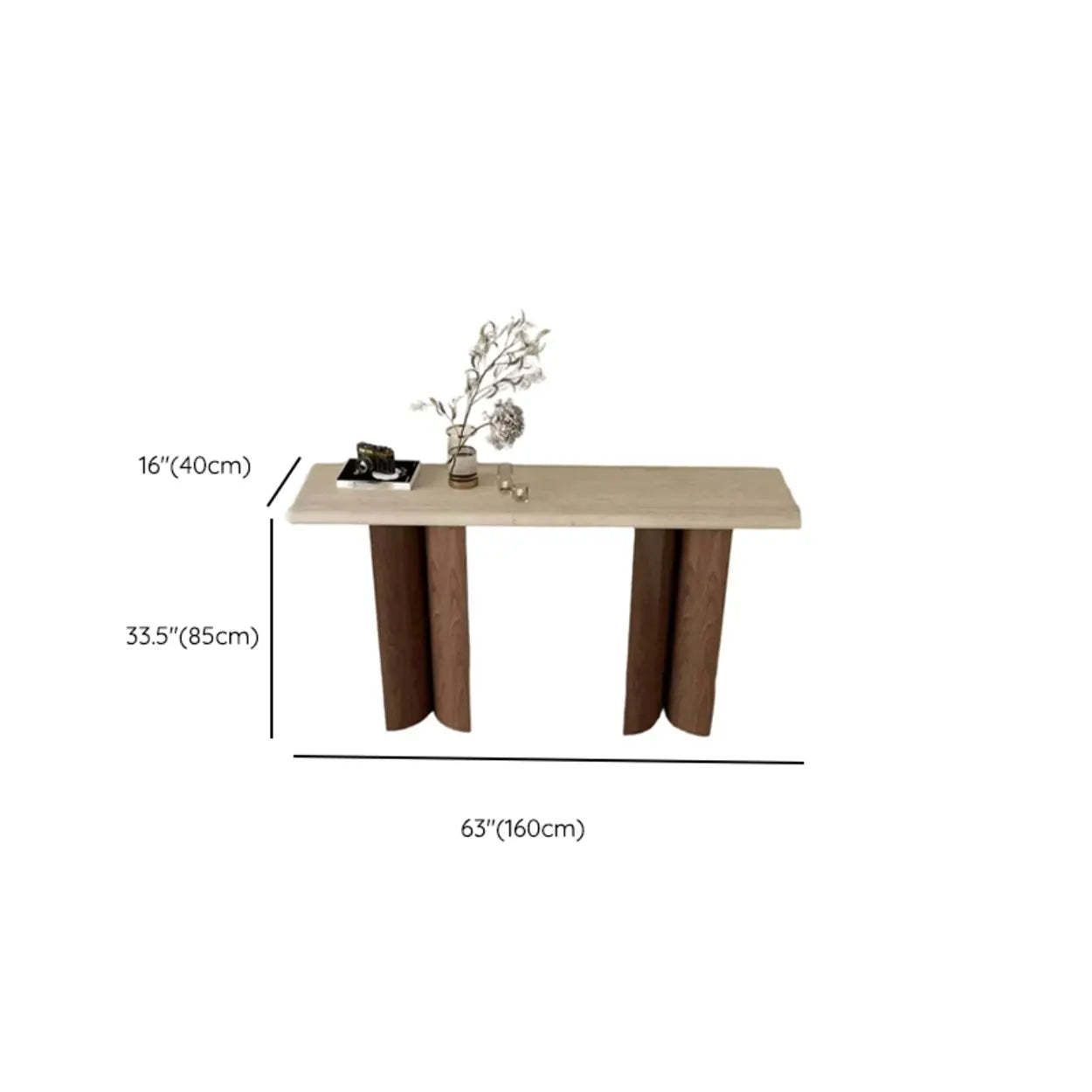 Rustic Beige Stone-Top Wood Pedestal Console Table