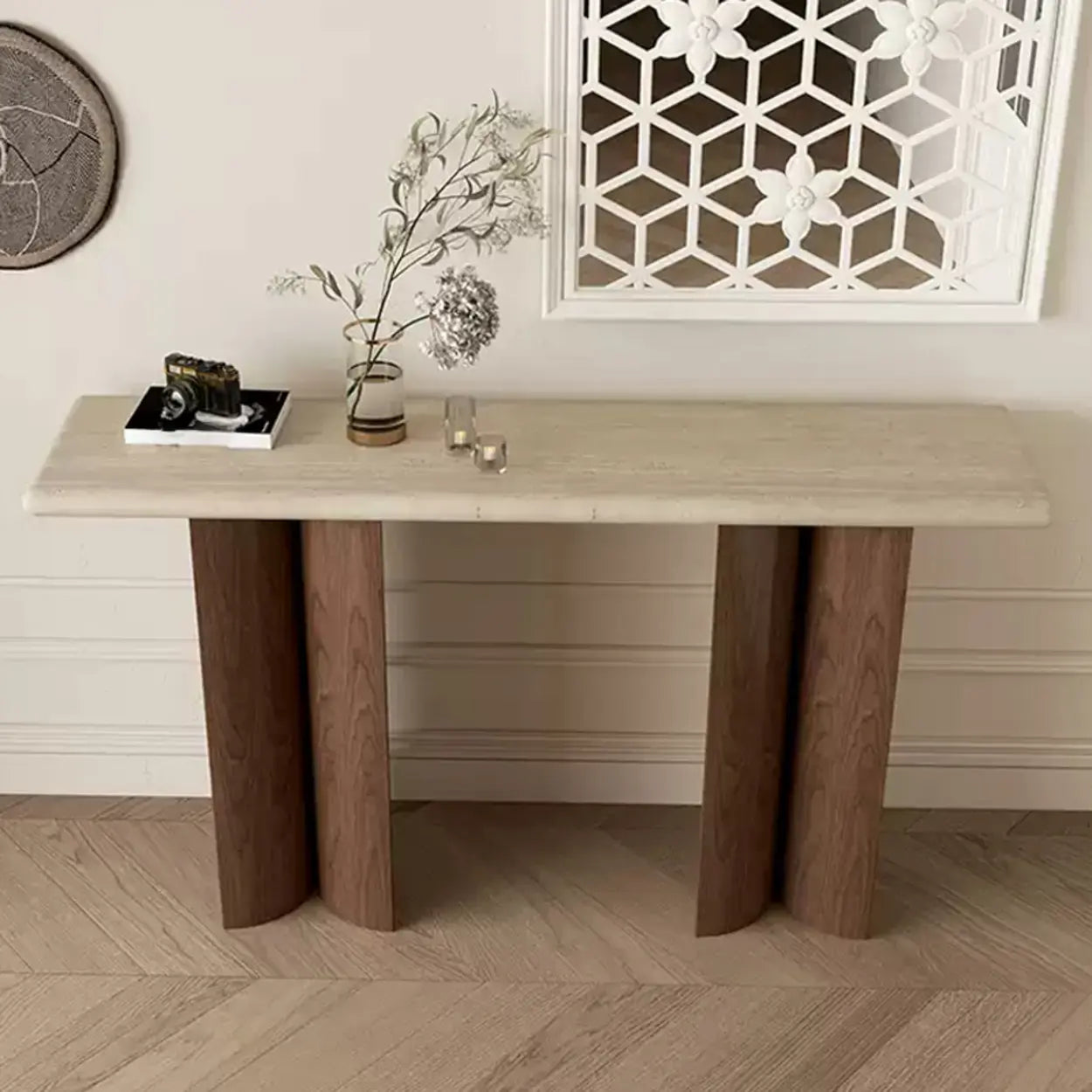 Modern stone-top pedestal end & side tables in wood — 47" L x 16" W x 33" H