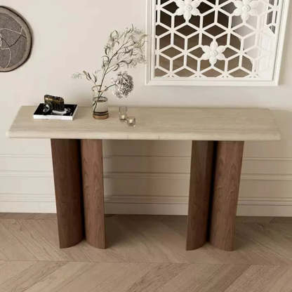 Rustic Beige Stone-Top Wood Pedestal Console Table