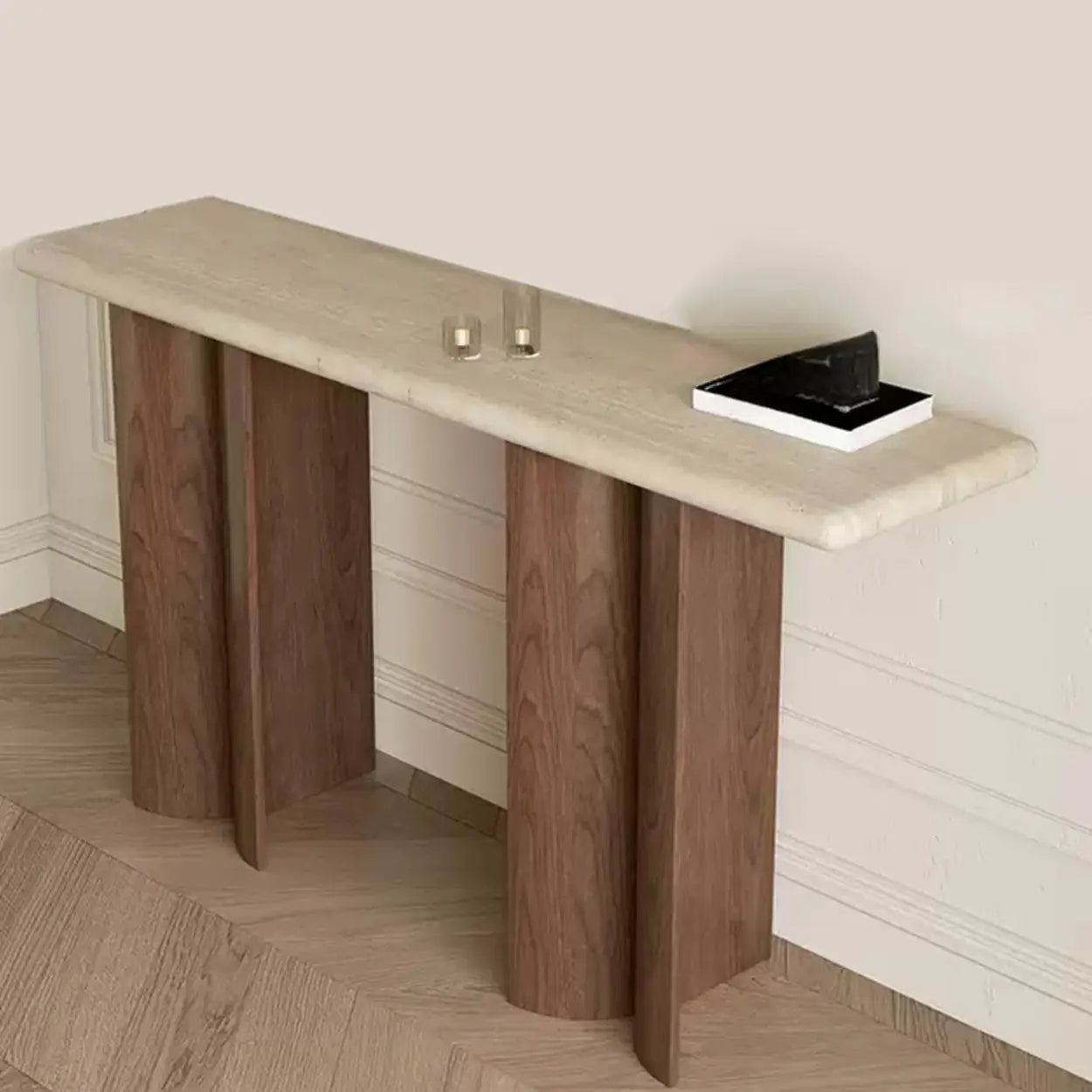 Rustic Beige Stone-Top Wood Pedestal Console Table