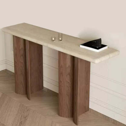 Rustic Beige Stone-Top Wood Pedestal Console Table