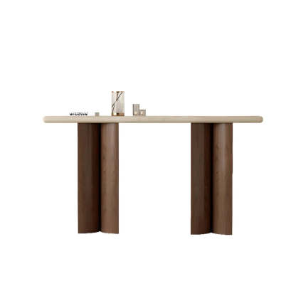 Rustic Beige Stone-Top Wood Pedestal Console Table