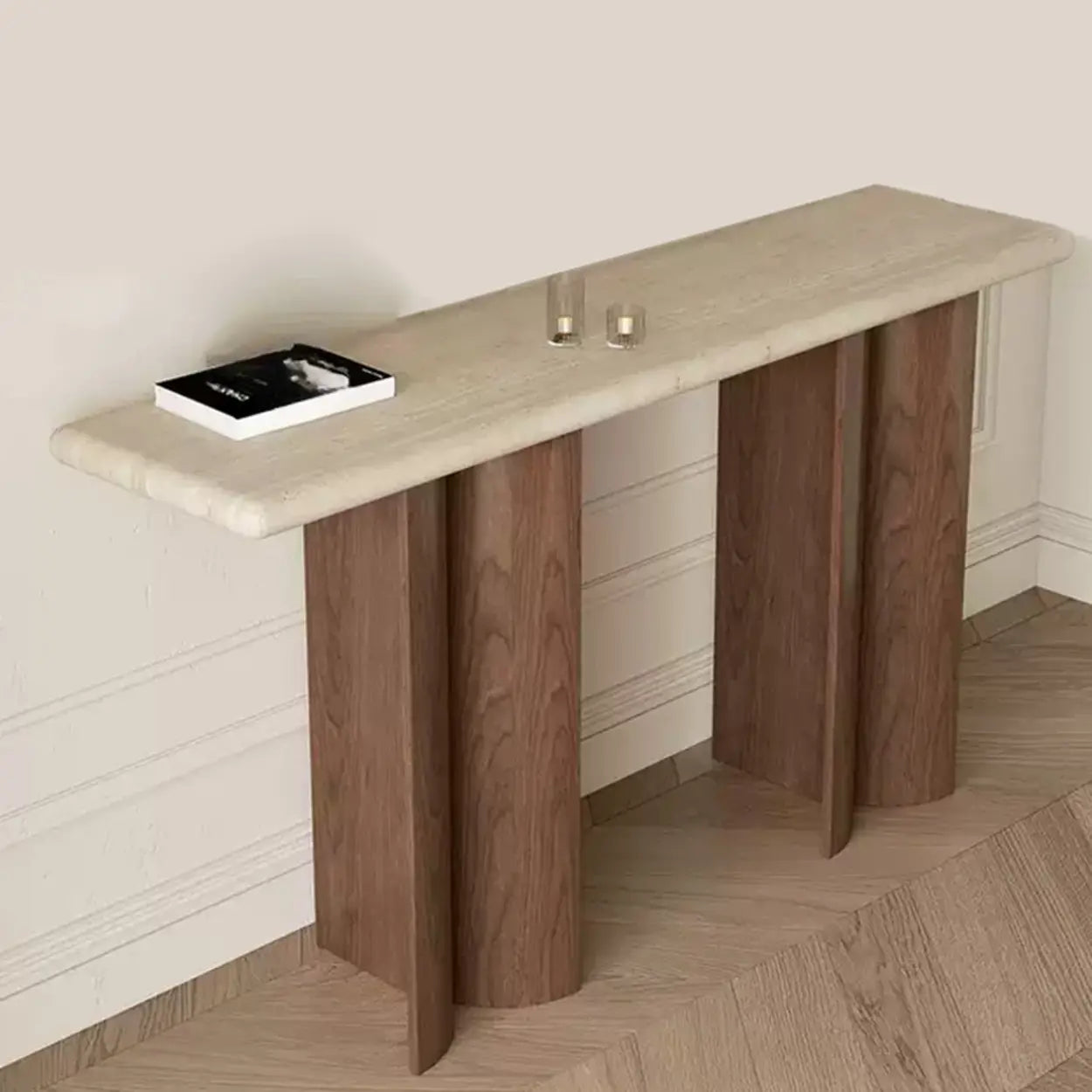 Rustic Beige Stone-Top Wood Pedestal Console Table