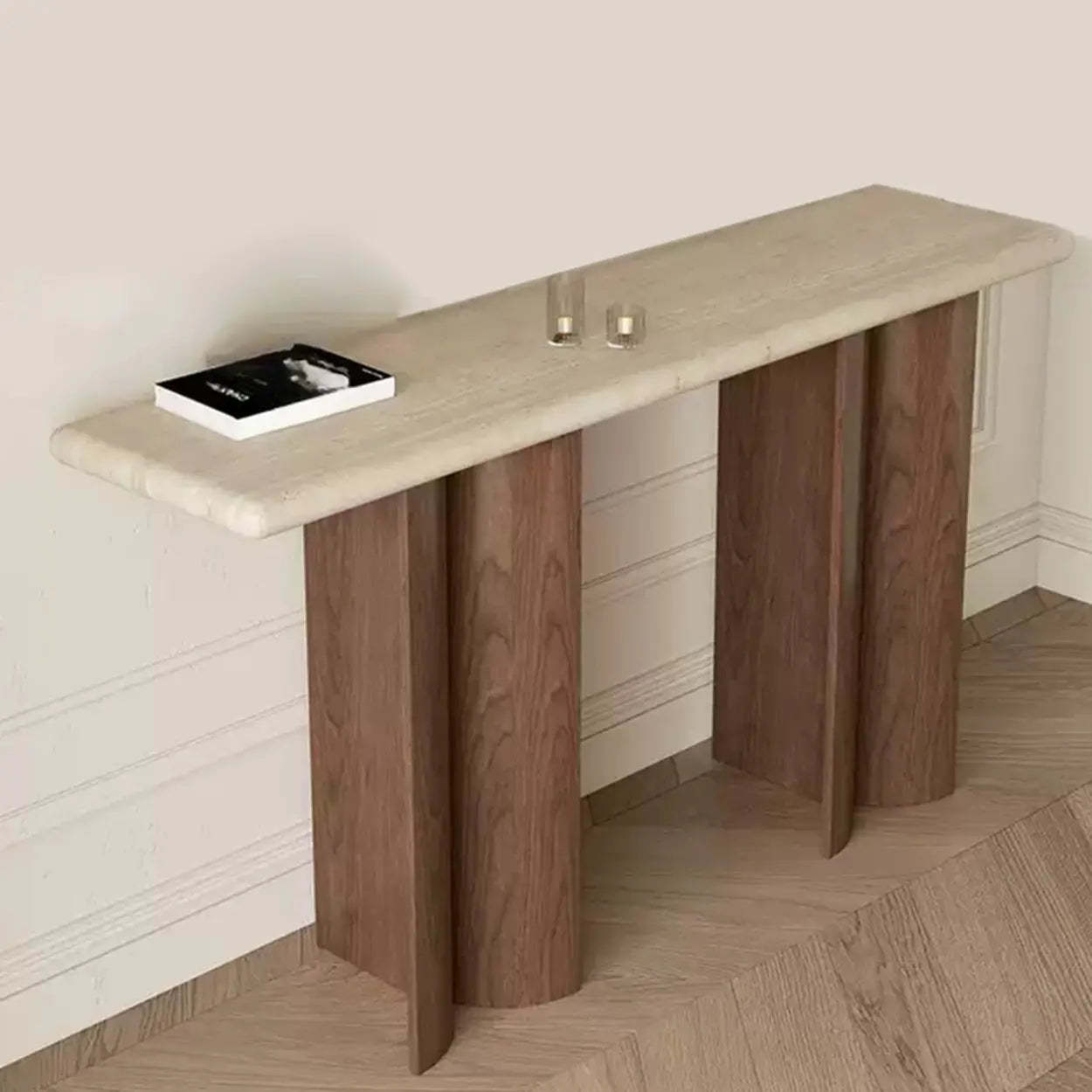 Rustic Beige Stone-Top Wood Pedestal Console Table