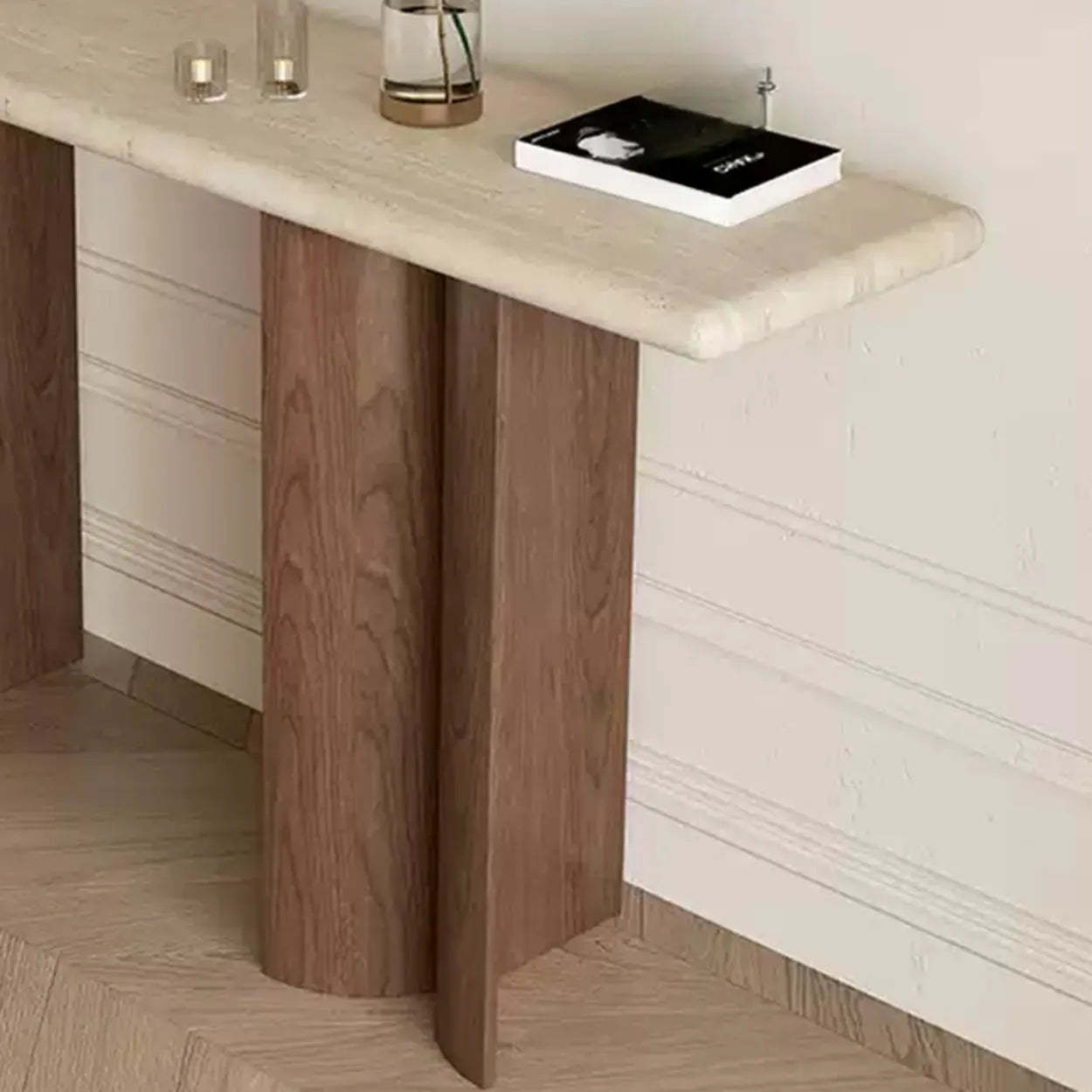Rustic Beige Stone-Top Wood Pedestal Console Table