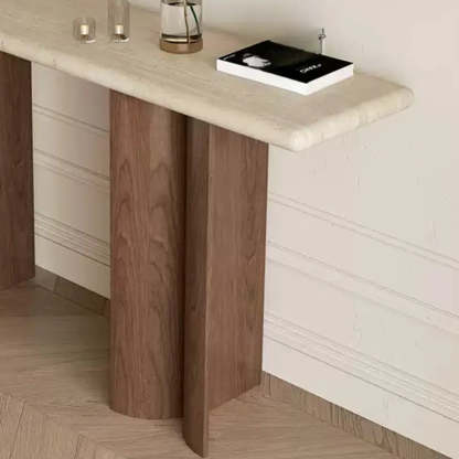 Rustic Beige Stone-Top Wood Pedestal Console Table