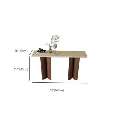 Rustic Beige Stone-Top Wood Pedestal Console Table