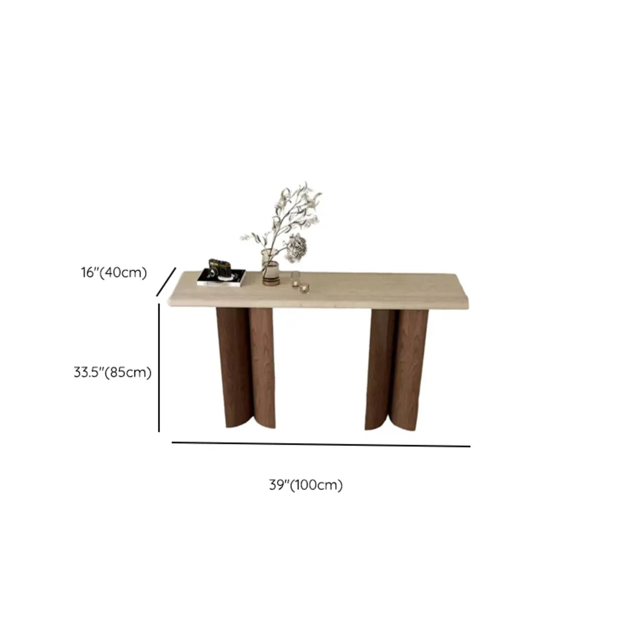 Rustic Beige Stone-Top Wood Pedestal Console Table
