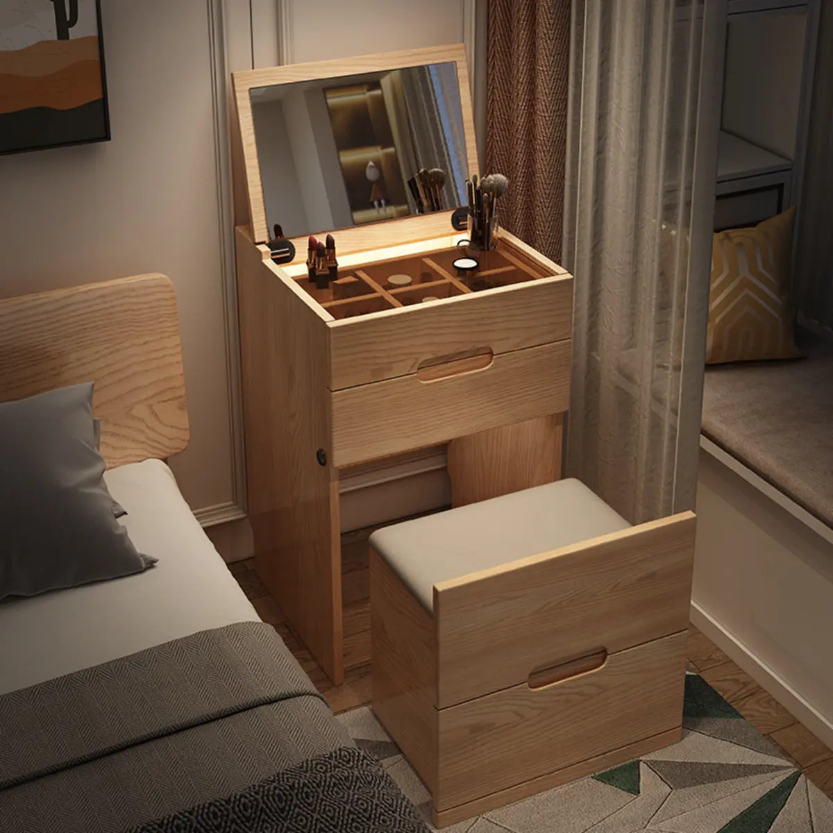 Rustic Folding Ash Wood Drawer Vanity — Natural Finish / Makeup Vanity & Stool