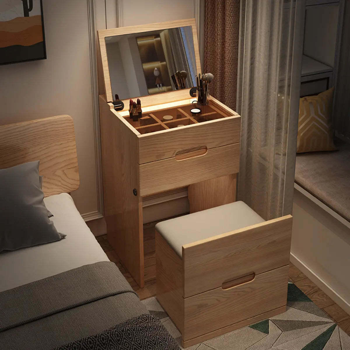 Rustic Folding Ash Wood Drawer Vanity — Natural Finish / Makeup Vanity & Stool