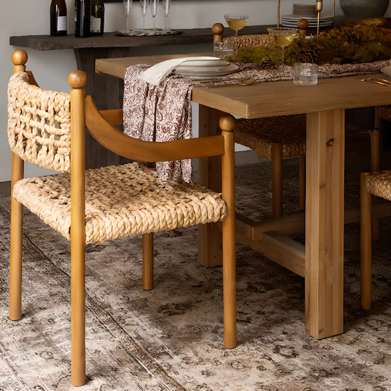 Rustic Handwoven Rope Wood Open-Back Dining Chair