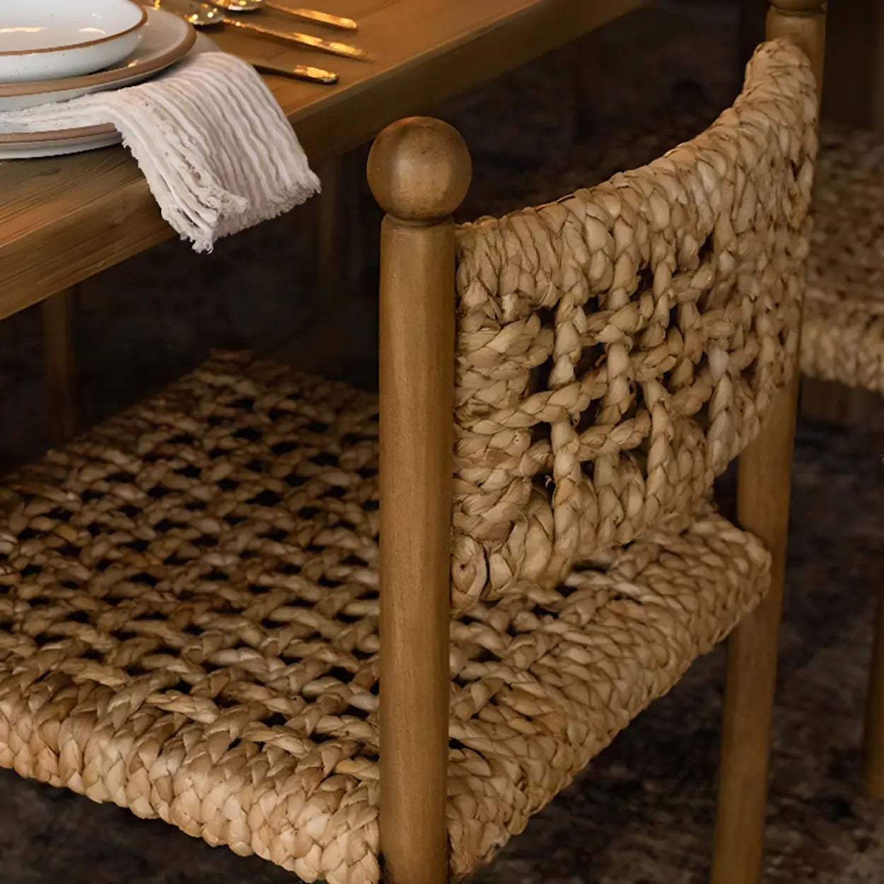 Rustic Handwoven Rope Wood Open-Back Dining Chair — Black