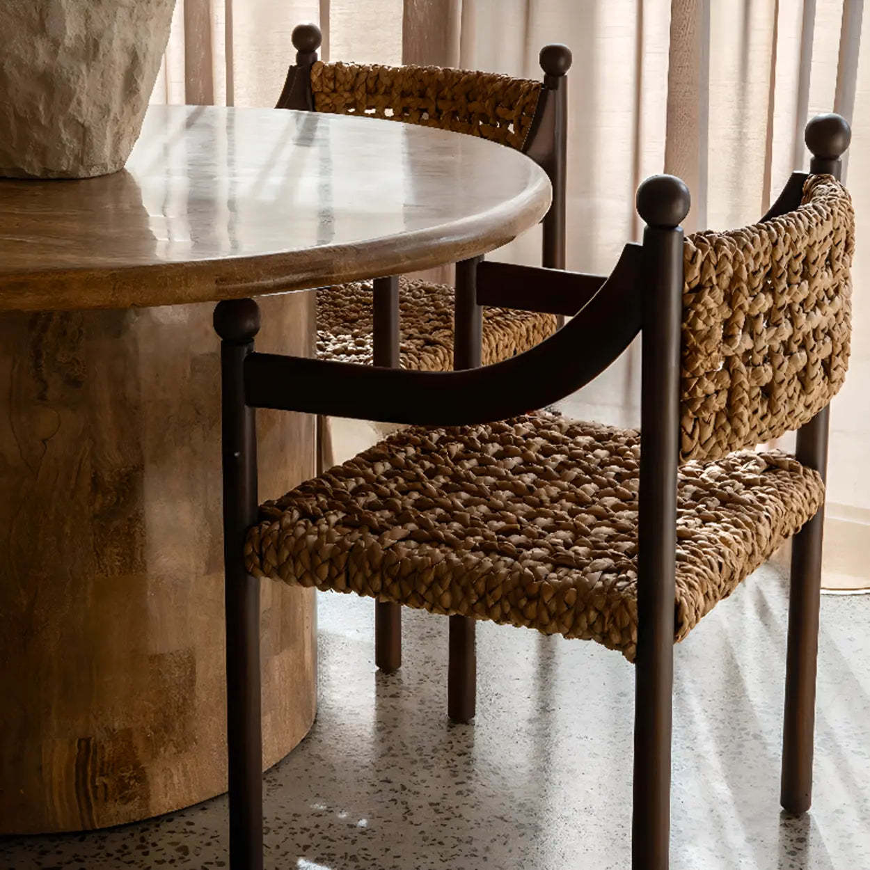 Rustic Handwoven Rope Wood Open-Back Dining Chair — Walnut