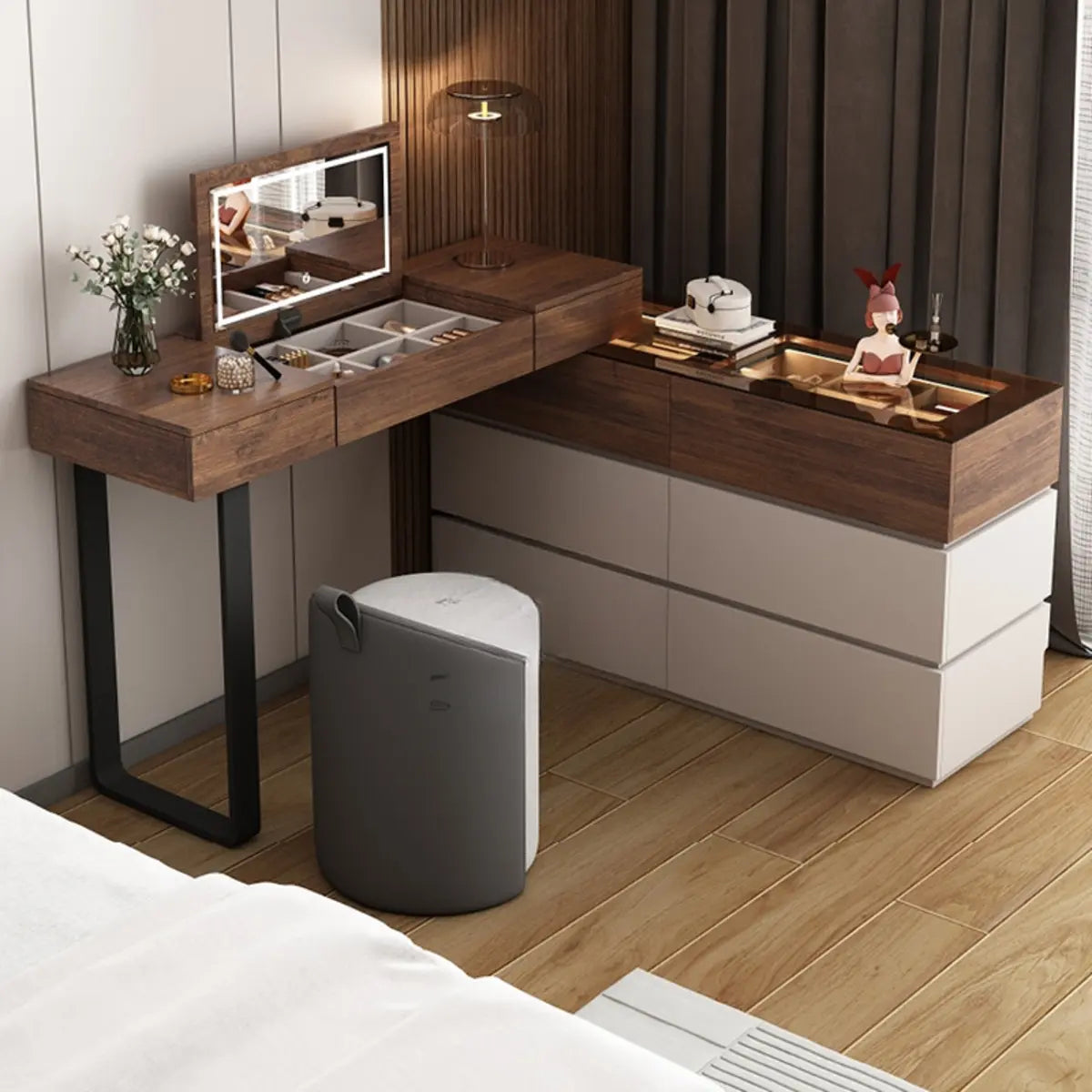 Rustic L-Shaped Gray-Brown Wood Vanity Set — Dark Gray-Brown