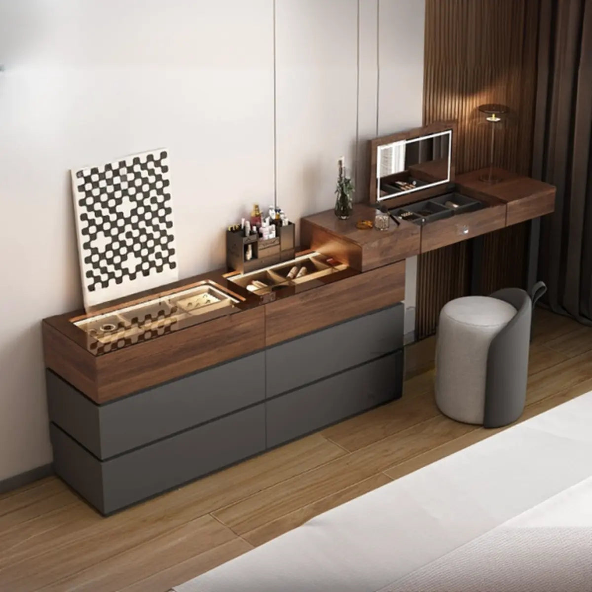 Rustic L-Shaped Gray-Brown Wood Vanity Set