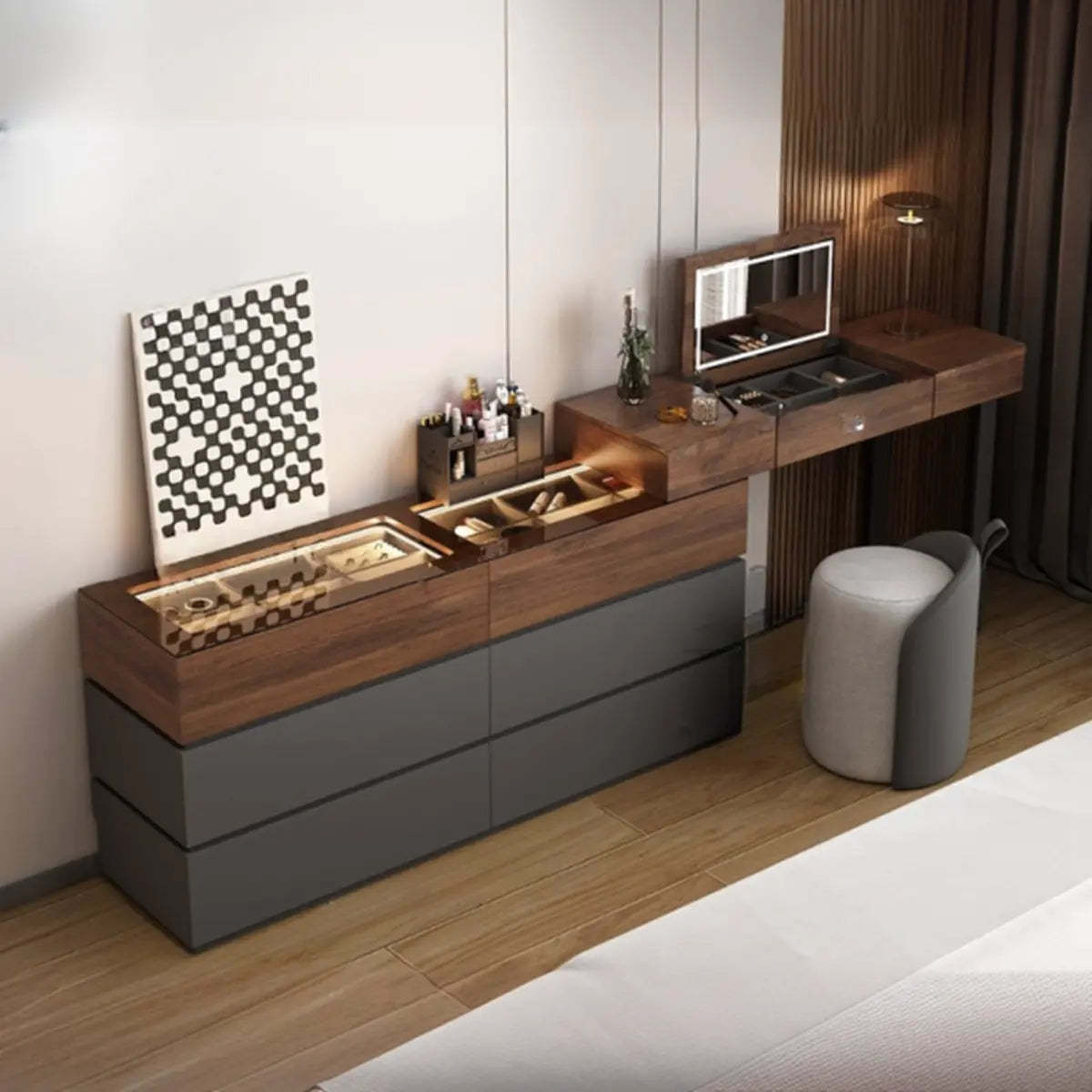 Rustic L-Shaped Gray-Brown Wood Vanity Set