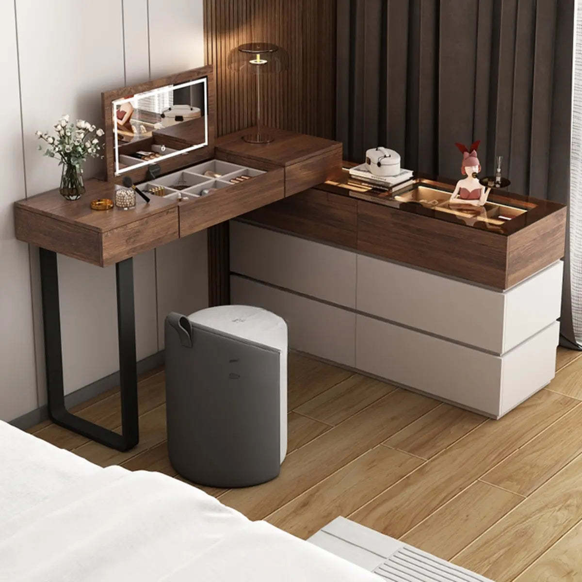 Rustic L-Shaped Gray-Brown Wood Vanity Set — Dark Gray-Brown
