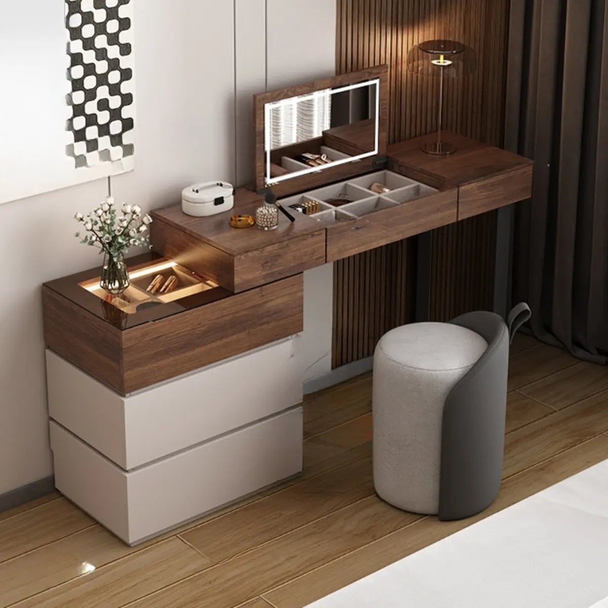 Rustic L-Shaped Gray-Brown Wood Vanity Set — Dark Gray-Brown
