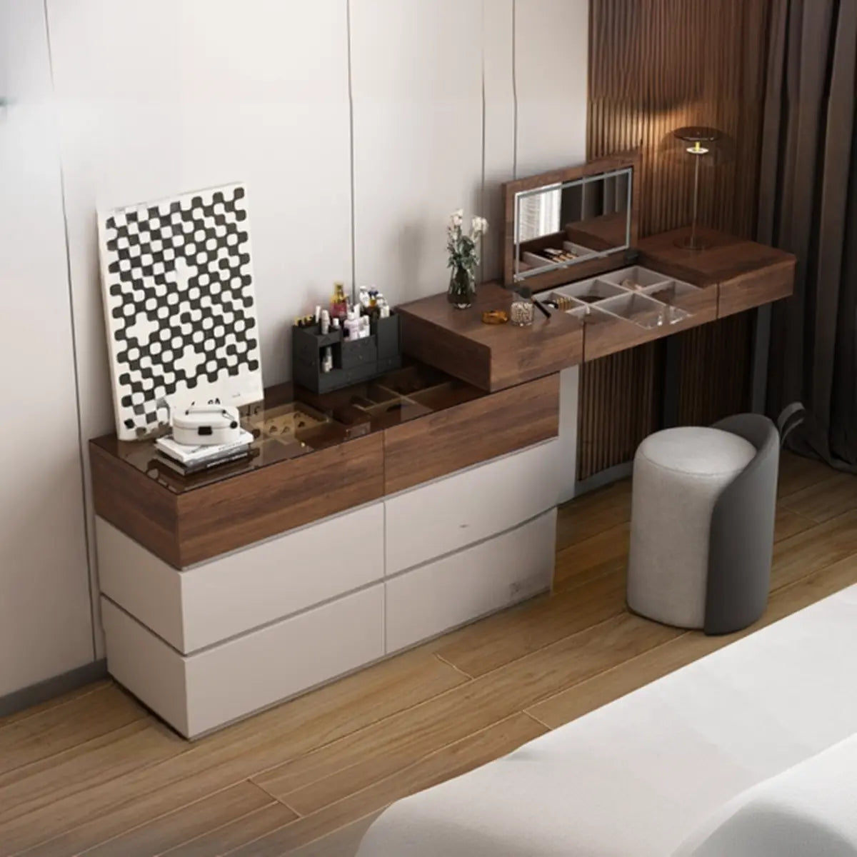 Rustic L-Shaped Gray-Brown Wood Vanity Set — Dark Gray-Brown