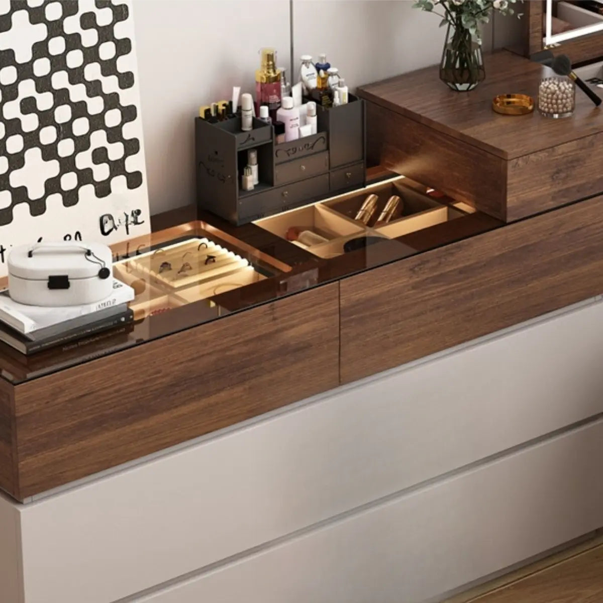 Rustic L-Shaped Gray-Brown Wood Vanity Set — Khaki/ Brown