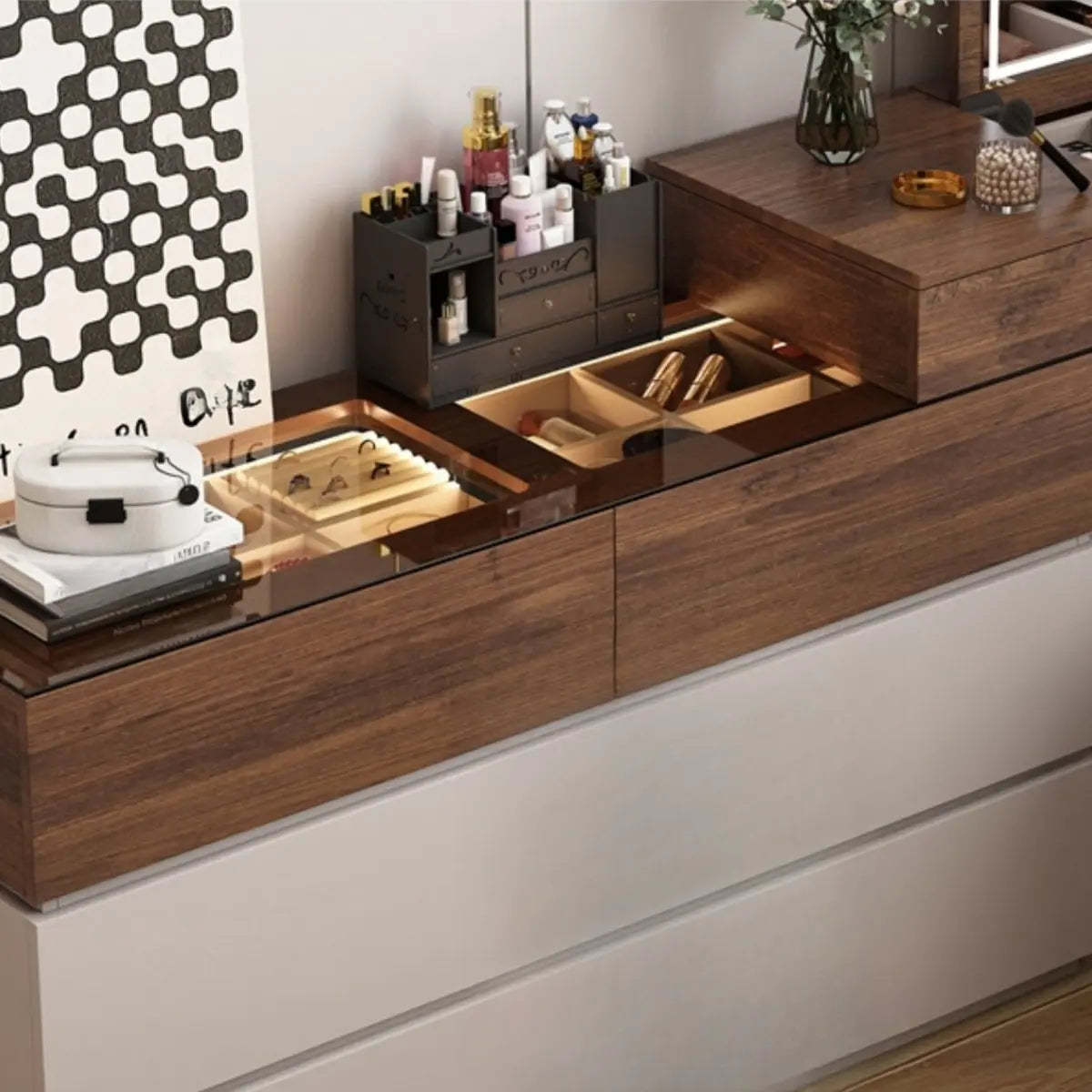 Rustic L-Shaped Gray-Brown Wood Vanity Set — Khaki/ Brown