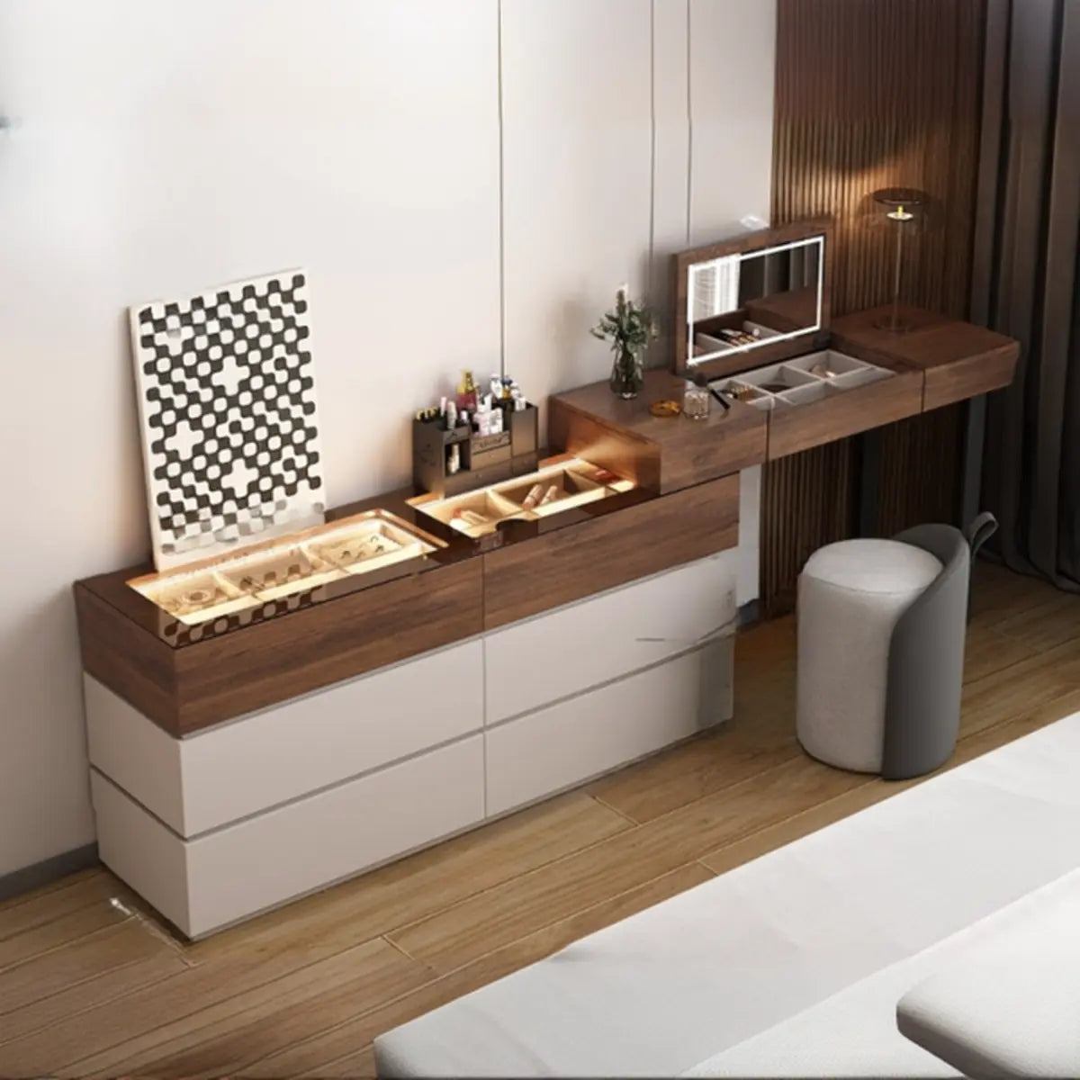 Rustic L-Shaped Gray-Brown Wood Vanity Set — Khaki/ Brown