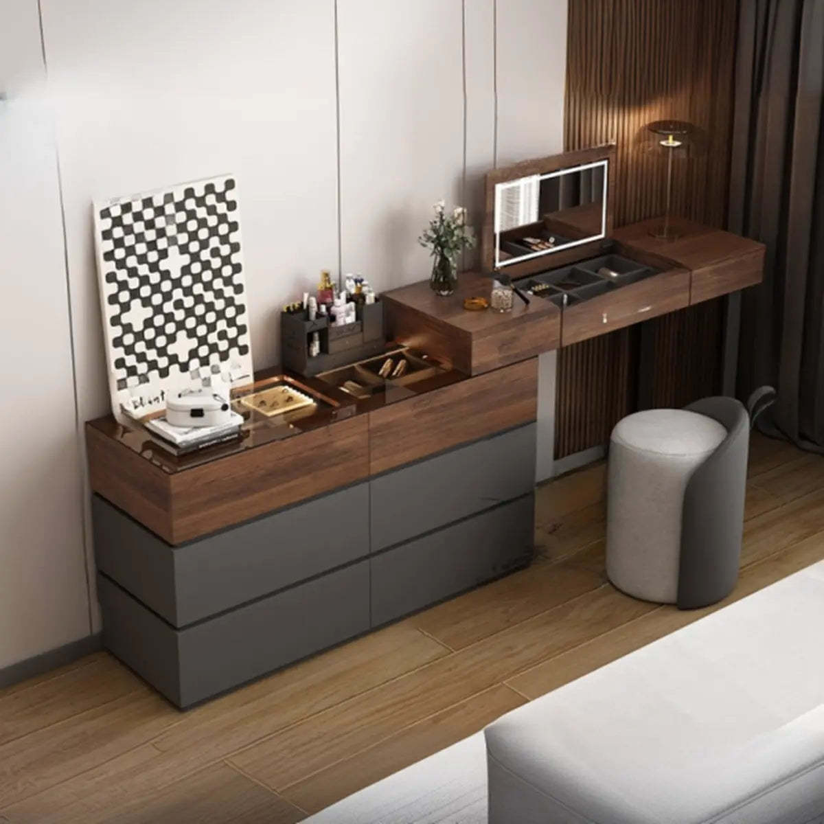 Rustic L-Shaped Gray-Brown Wood Vanity Set