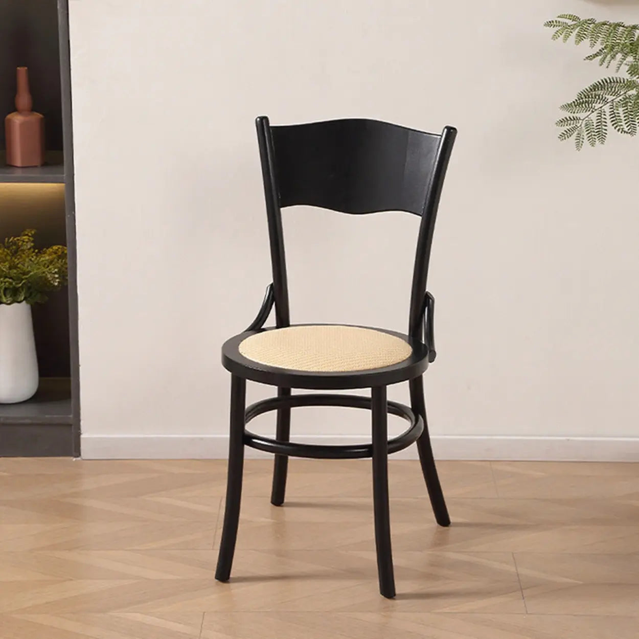 Rustic Mid-Century Wood Curved Back Dining Chair — Nut-Brown / Rattan