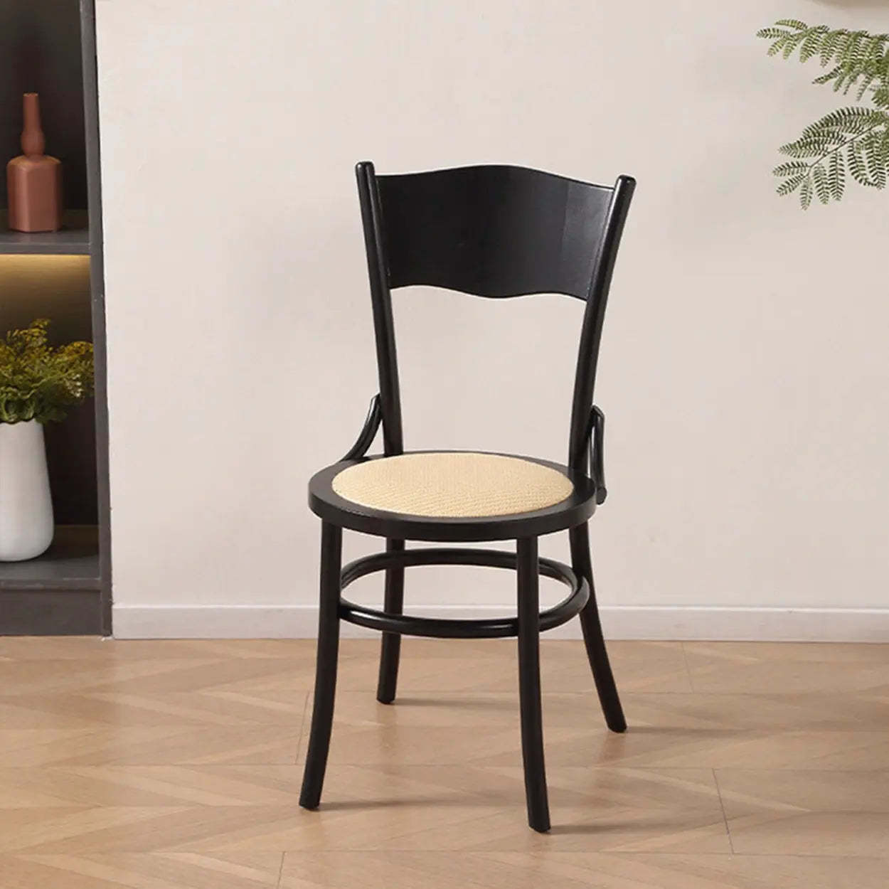 Rustic Mid-Century Wood Curved Back Dining Chair — Nut-Brown / Rattan