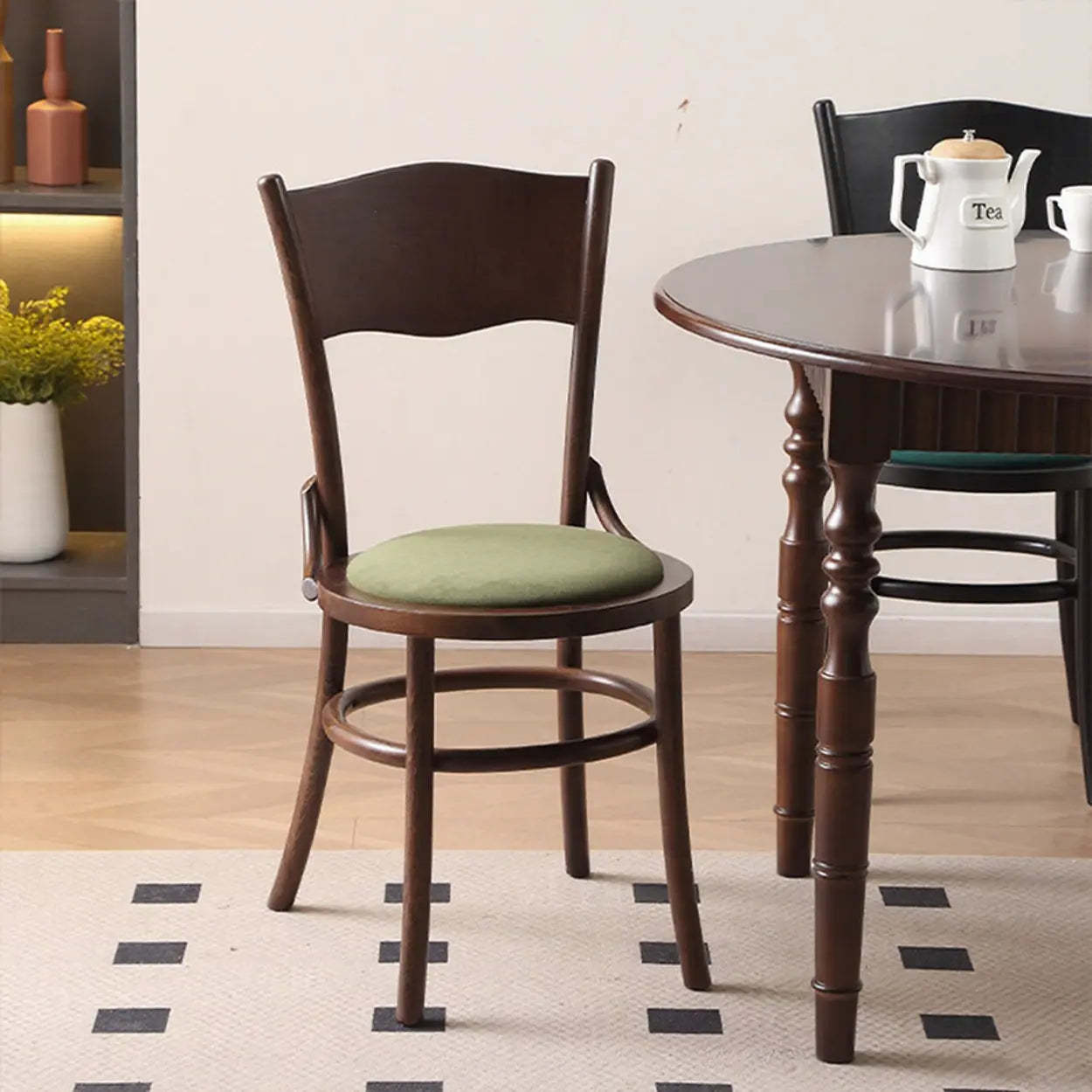 Rustic Mid-Century Wood Curved Back Dining Chair — Black walnut / Rattan
